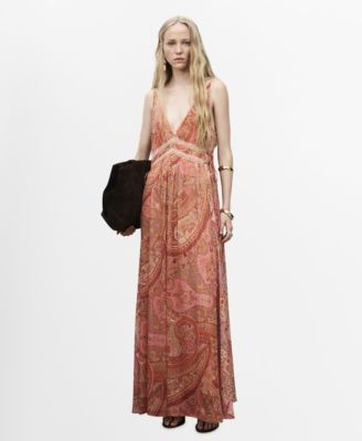 MANGO - Women's Paisley-Print Lace Trim Dress
