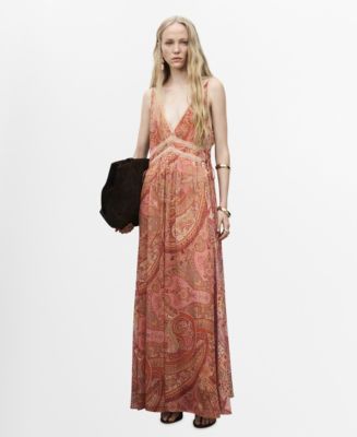 MANGO - Paisley-print dress with Lace Trim Brown - 8 - Woman