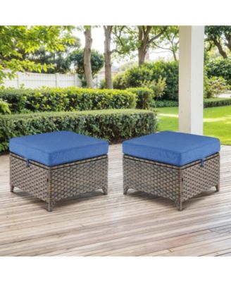 Slimline Brown Wicker 2-Piece Outdoor Ottoman Steel Frame Patio Footstools with Olefin Cushion
