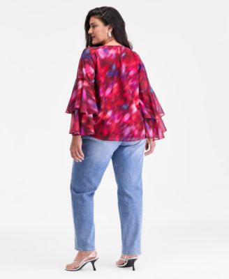 Plus Size Printed Ruffle-Sleeve Top, Macy's Exclusive 