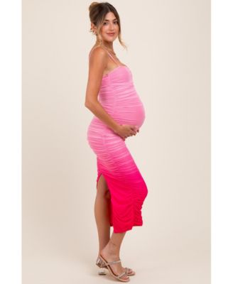 Pink Mesh Ombre Ruched Maternity Midi Dress