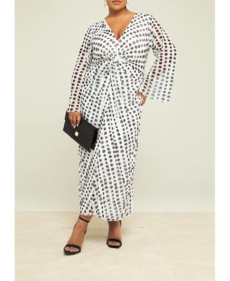 Women's Long Sleeve V-Neck Polka Dot Midi Dress