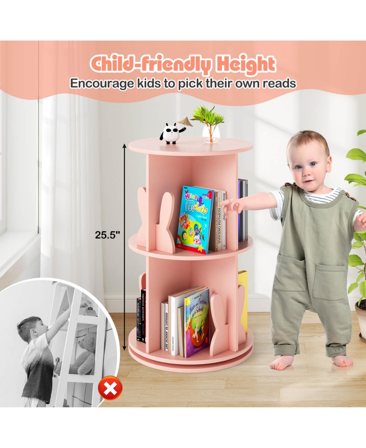 Costway Kids Rotating Bookshelf 2 Tier Freestanding 360° Revolving Display Storage Rack Pink