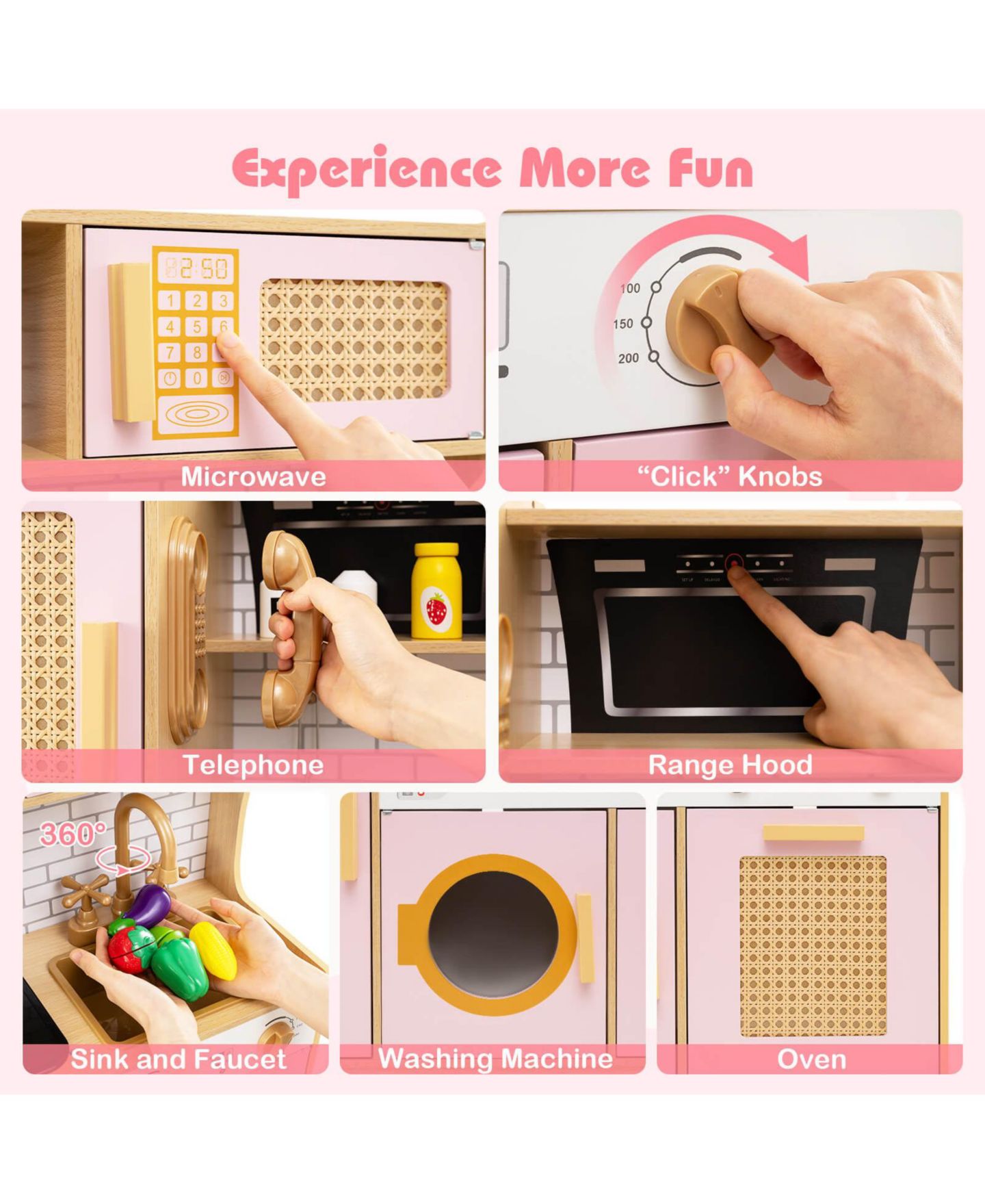 Детские игрушки Costway Interactive Lights and Sounds Wooden Kitchen Playset, 5-Piece Set, Ages 3+, цвет: Розовый — фото 5