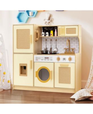 Wooden Kids Kitchen Playset Pretend Play Kitchen with Real Sounds Lights