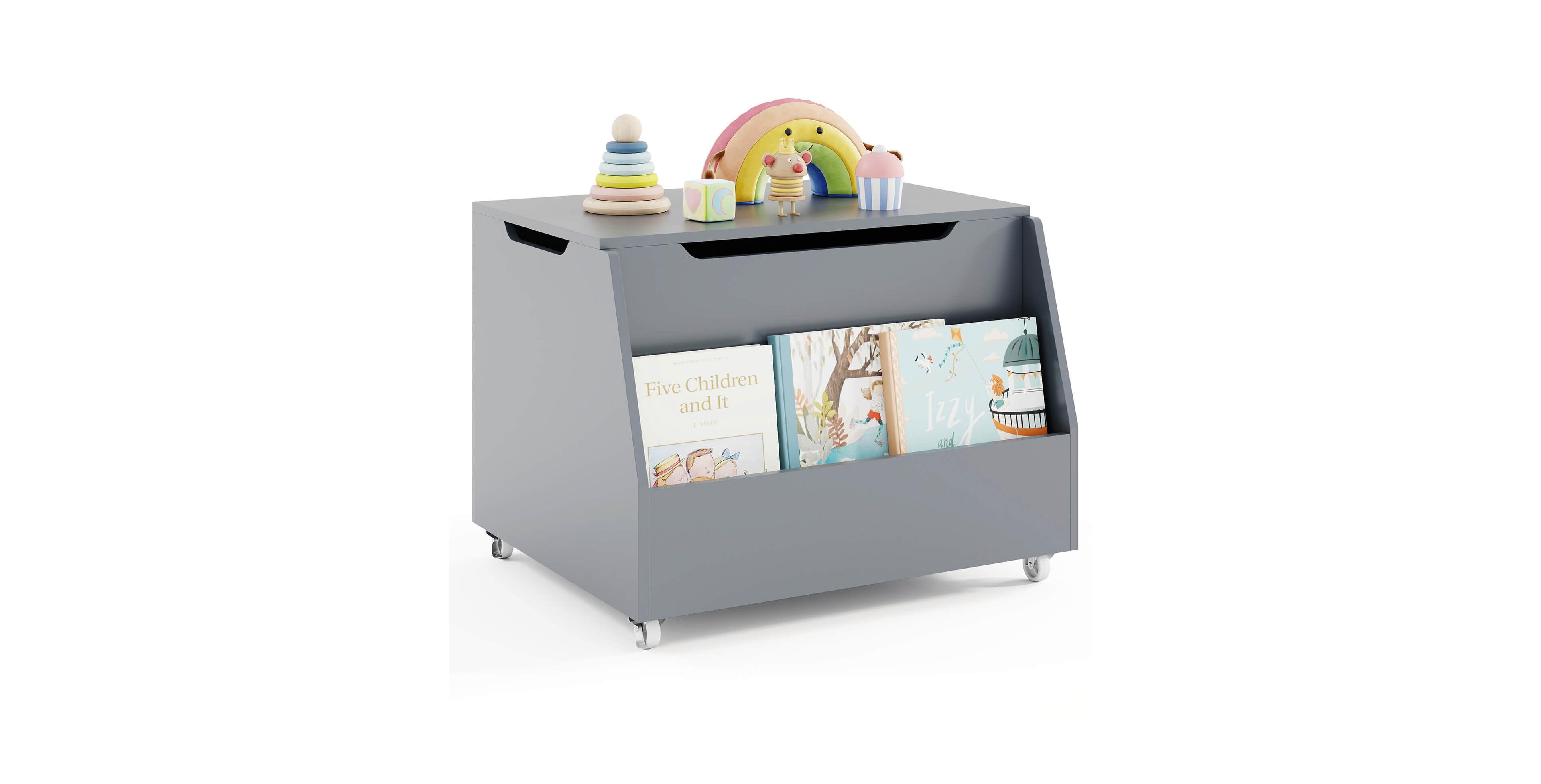 Costway Kids Toy Box Wooden Bookshelf Lockable Wheels Mobile Toy Storage Organizer
