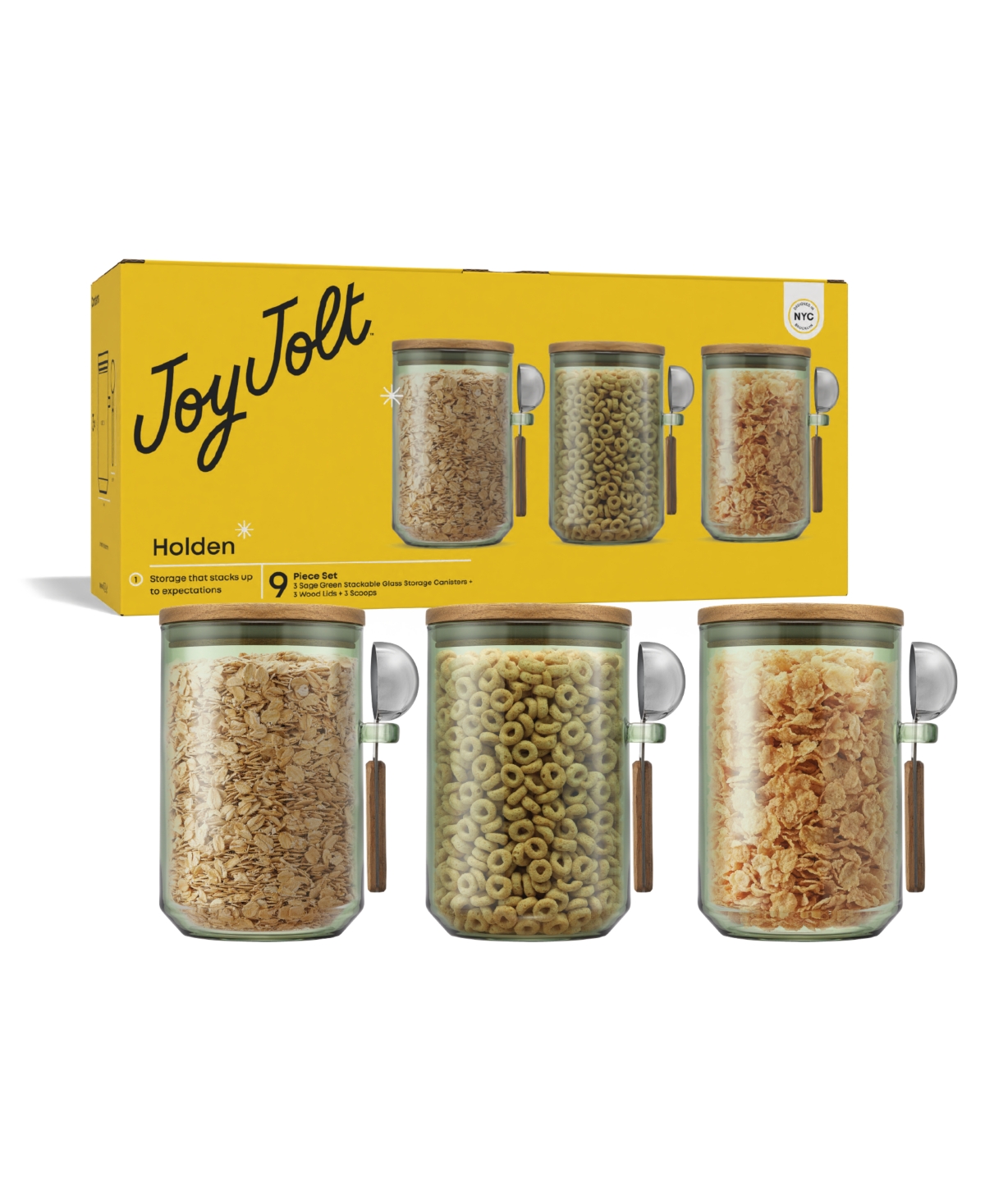 Joyjolt Holden Stackable Glass Storage Canister With Wood Lids And Scoops, Set Of 3 In Green