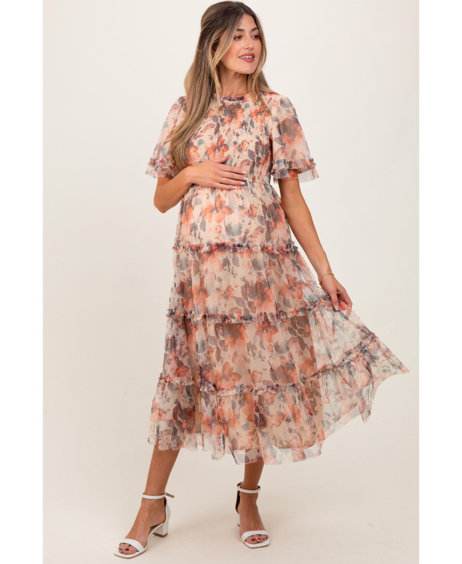 Women's Peach Floral Mesh Smocked Midi Dress