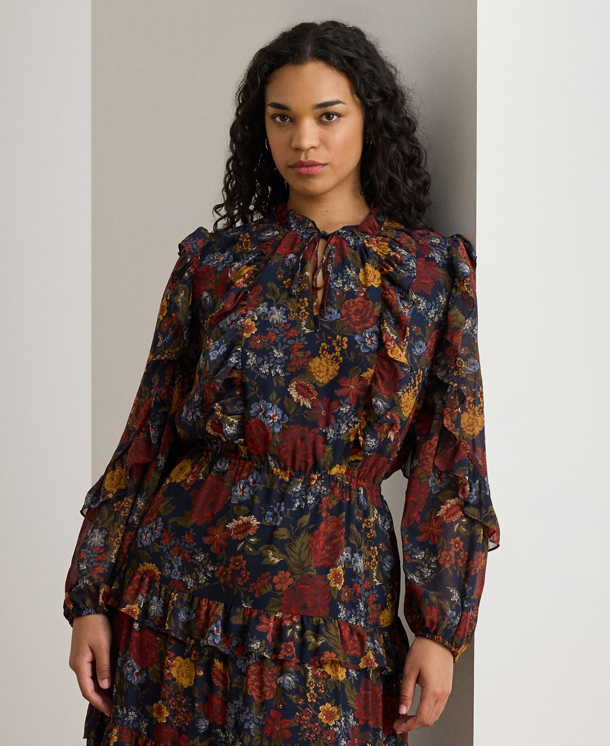 Ralph Lauren Plus Size Floral Crinkle Tiered Dress In Multi