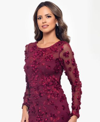 Petite Raised Flower Crewneck Long Gown Dress