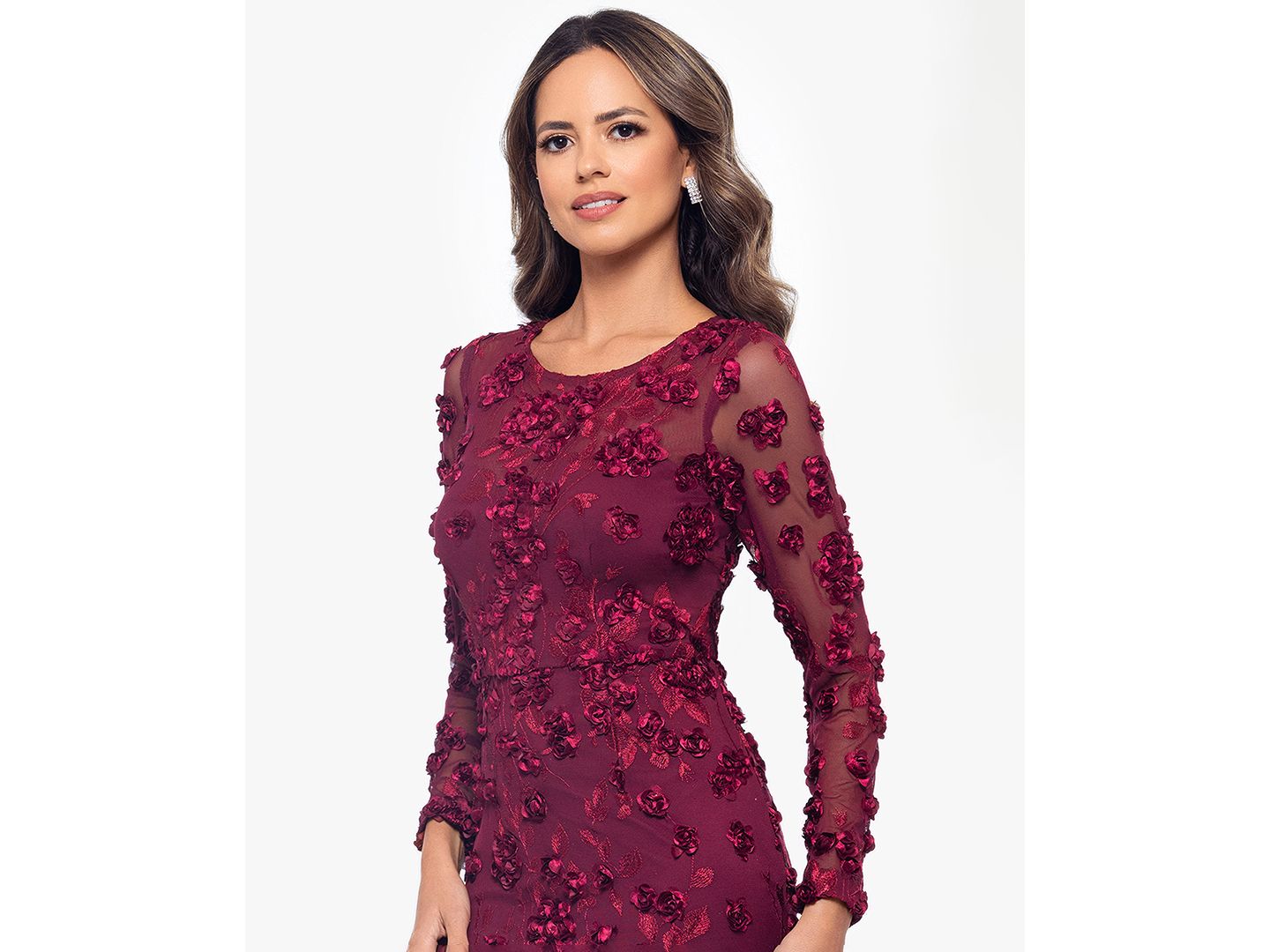 Женское платье XSCAPE Long Sleeve Rose Flower, цвет: Гранатовый — фото 3