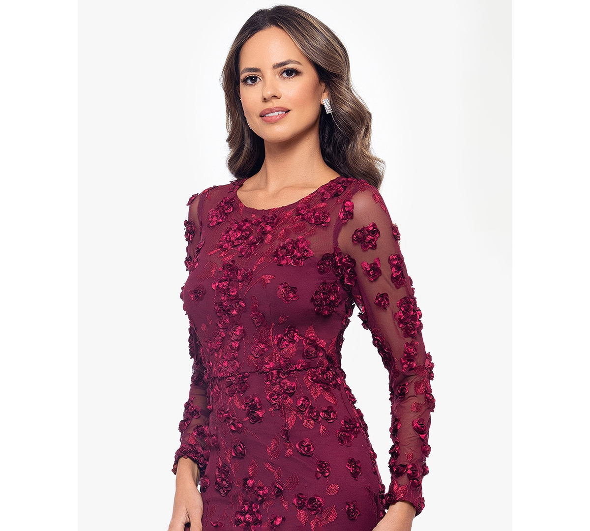 Xscape Petite Raised Flower Crewneck Long Gown Dress In Purple