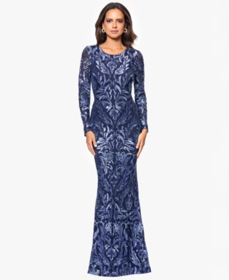 Petite Sequin Detail Crewneck Long Gown Dress - Peri Navy