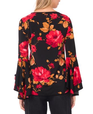 Women's Printed Crewneck 3/4-Bell-Sleeve Blouse