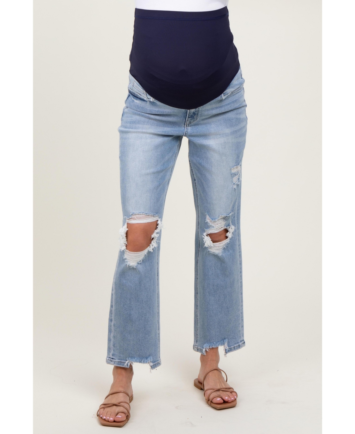 Pinkblush Light Blue Distressed Cutout Maternity Straight Leg Ankle Jeans