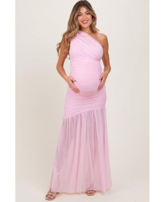 Maternity Ruched Mesh One Shoulder Maxi Dress