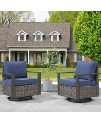 CubeEdge Brown Wicker Patio Swivel Chair Set Outdoor Rocking Chair with CushionGuard Blue Cushions (2-Pack)