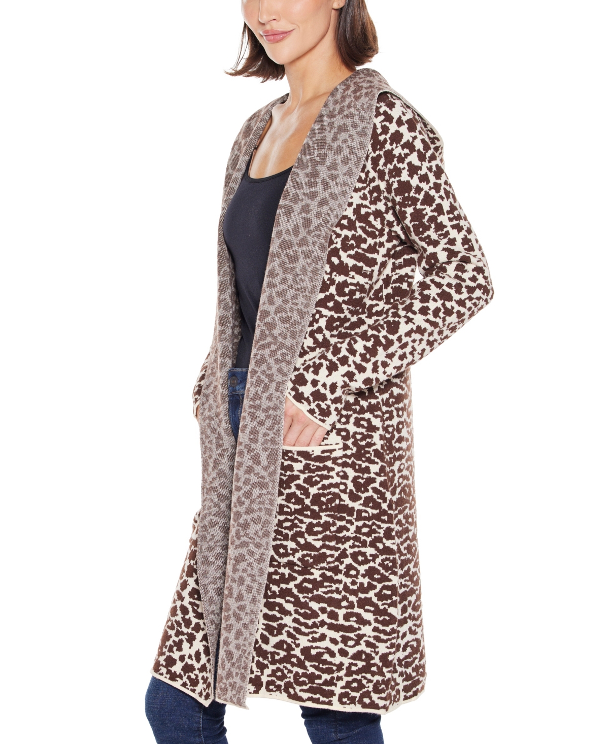 Belldini Plus Size Urban Safari Hooded Coatigan Sweater In Animal Print