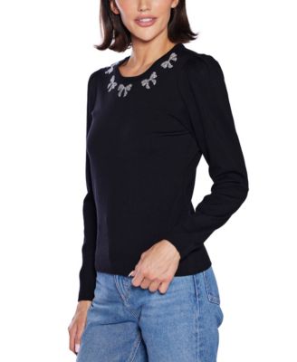 Women's Puff Sleeve Embellished Neckline Sweater
