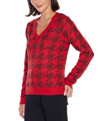  Women's Stylized-Houndstooth V-Neck Sweater