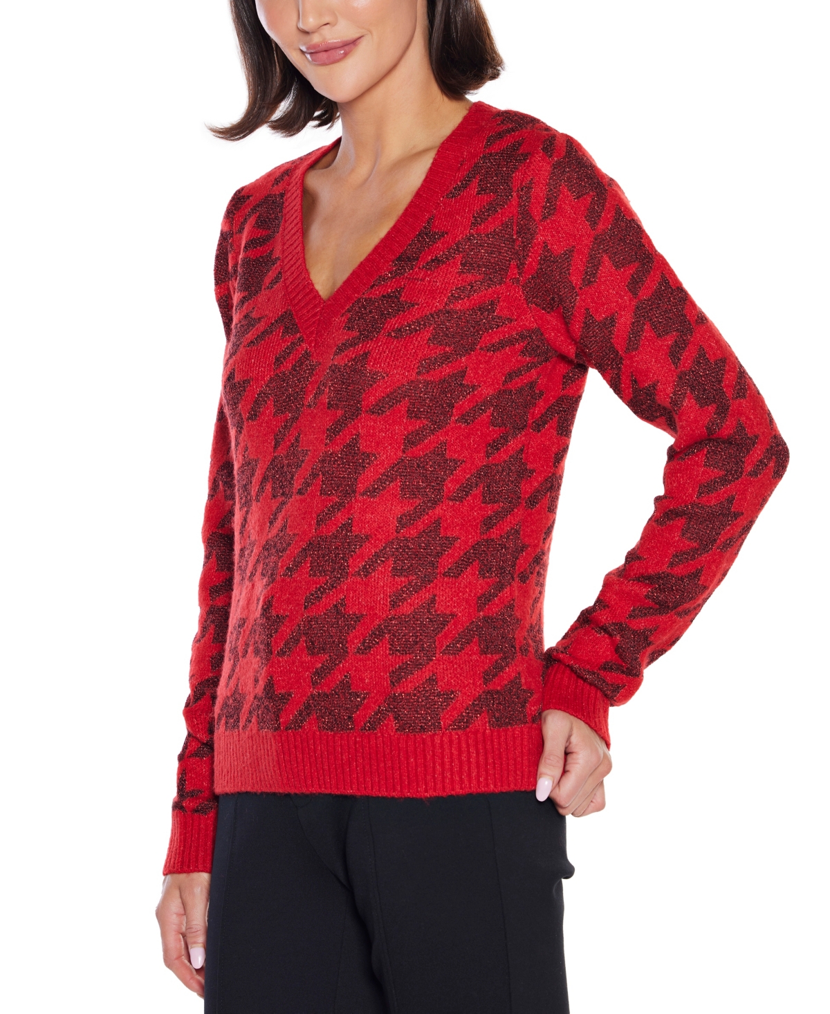 Belldini Plus Size Stylized-houndstooth V-neck Sweater In Red