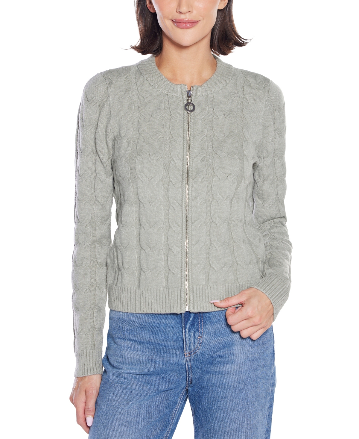Belldini Plus Size Black Label Zip Cable Sweater In Gray