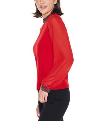 Black Label Women’s Rhinestone-Neckline Chiffon-Sleeve Sweater