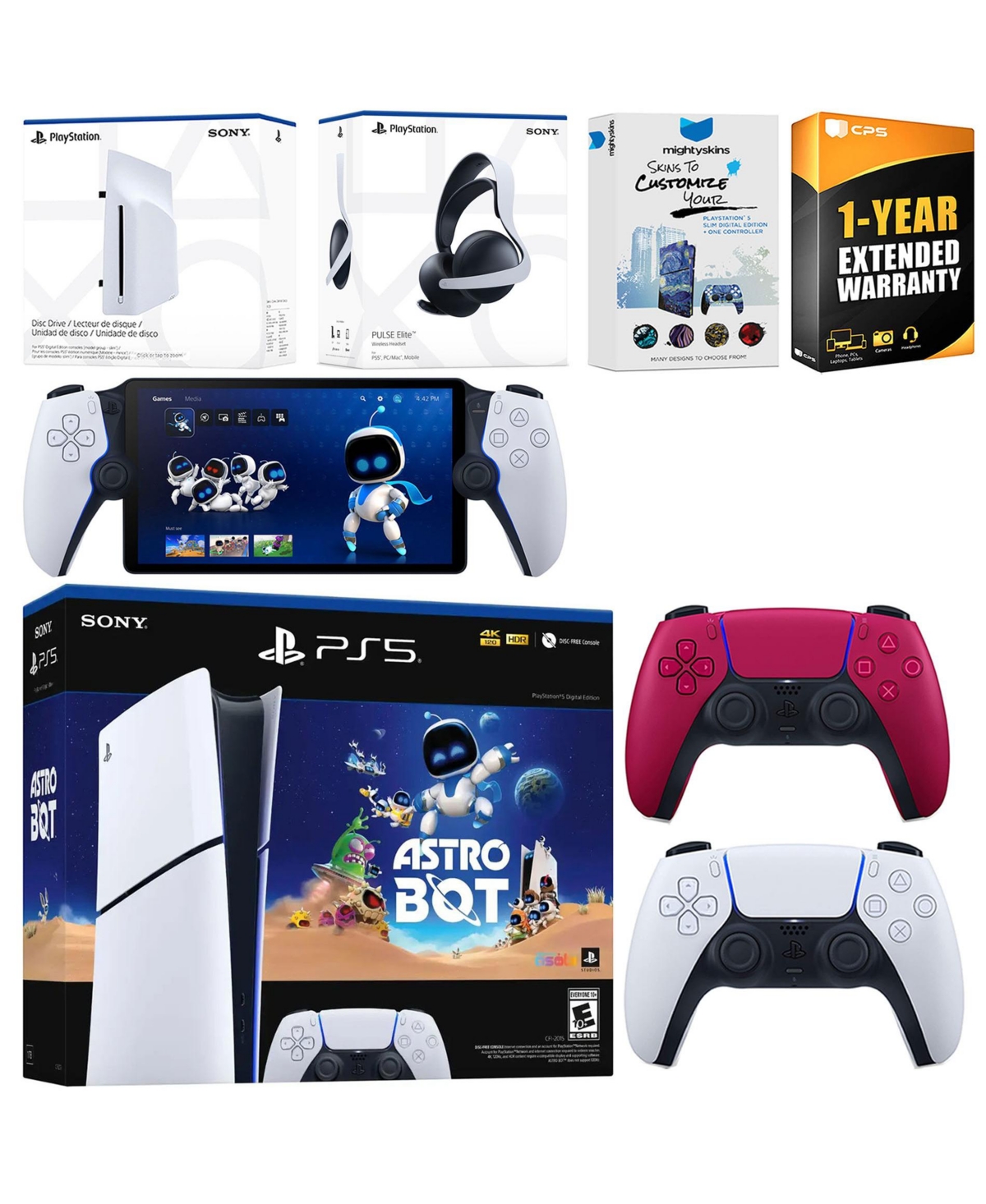 Sony PlayStation 5 Astro Bot Slim Digital Bundle with Disc Drive, Pulse Elite Headset, Extra Controller, PlayStation Portal, MightySkins Voucher and 1