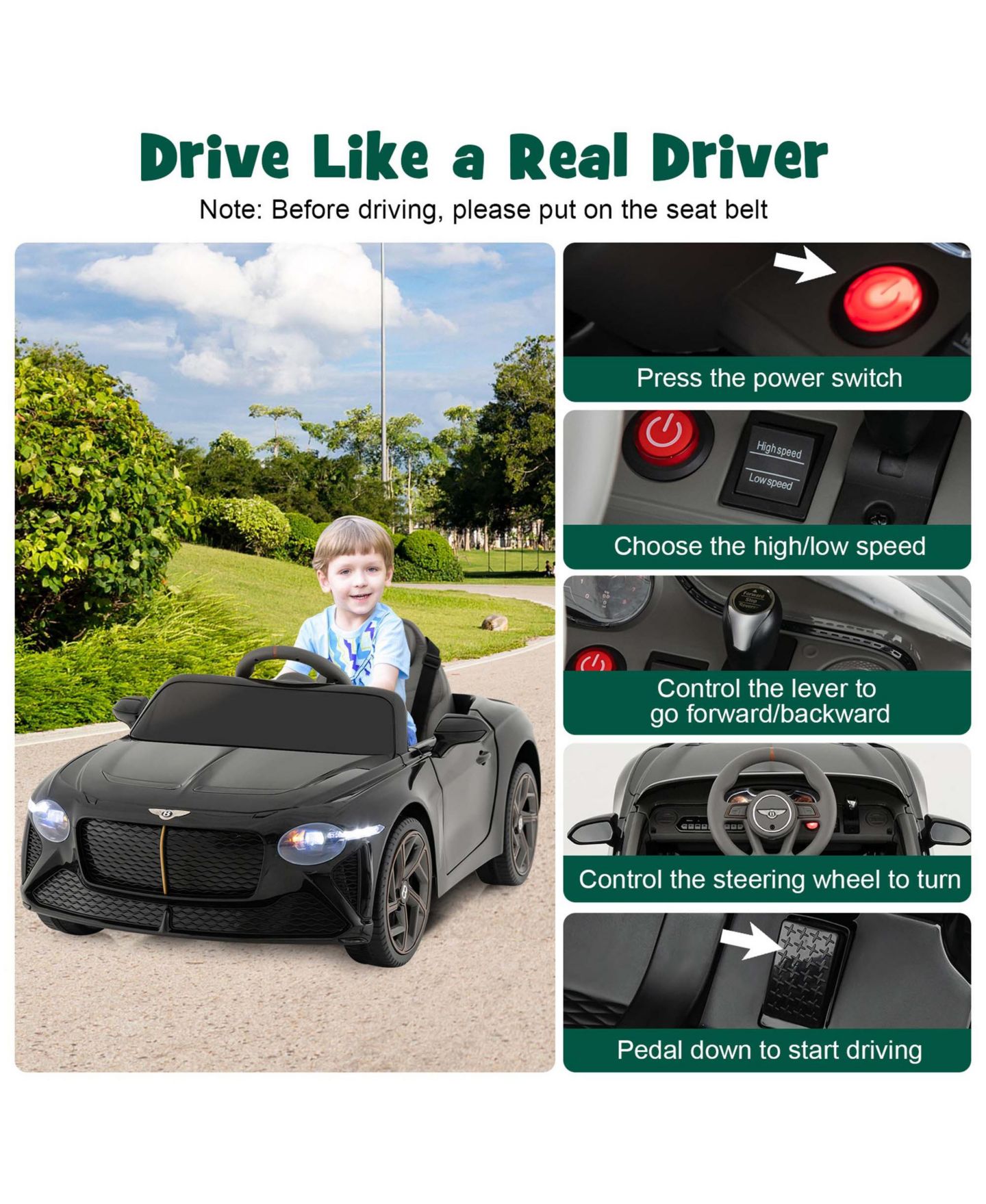 Детская игрушка Costway 12V Licensed Bentley Bacalar Kids Electric Ride-on Car with Remote, цвет: Чёрный — фото 6