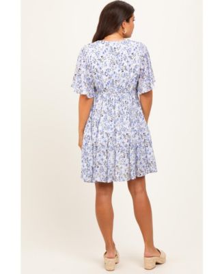 Women's Periwinkle Floral V-Neck Flutter Sleeve Maternity Mini Dress