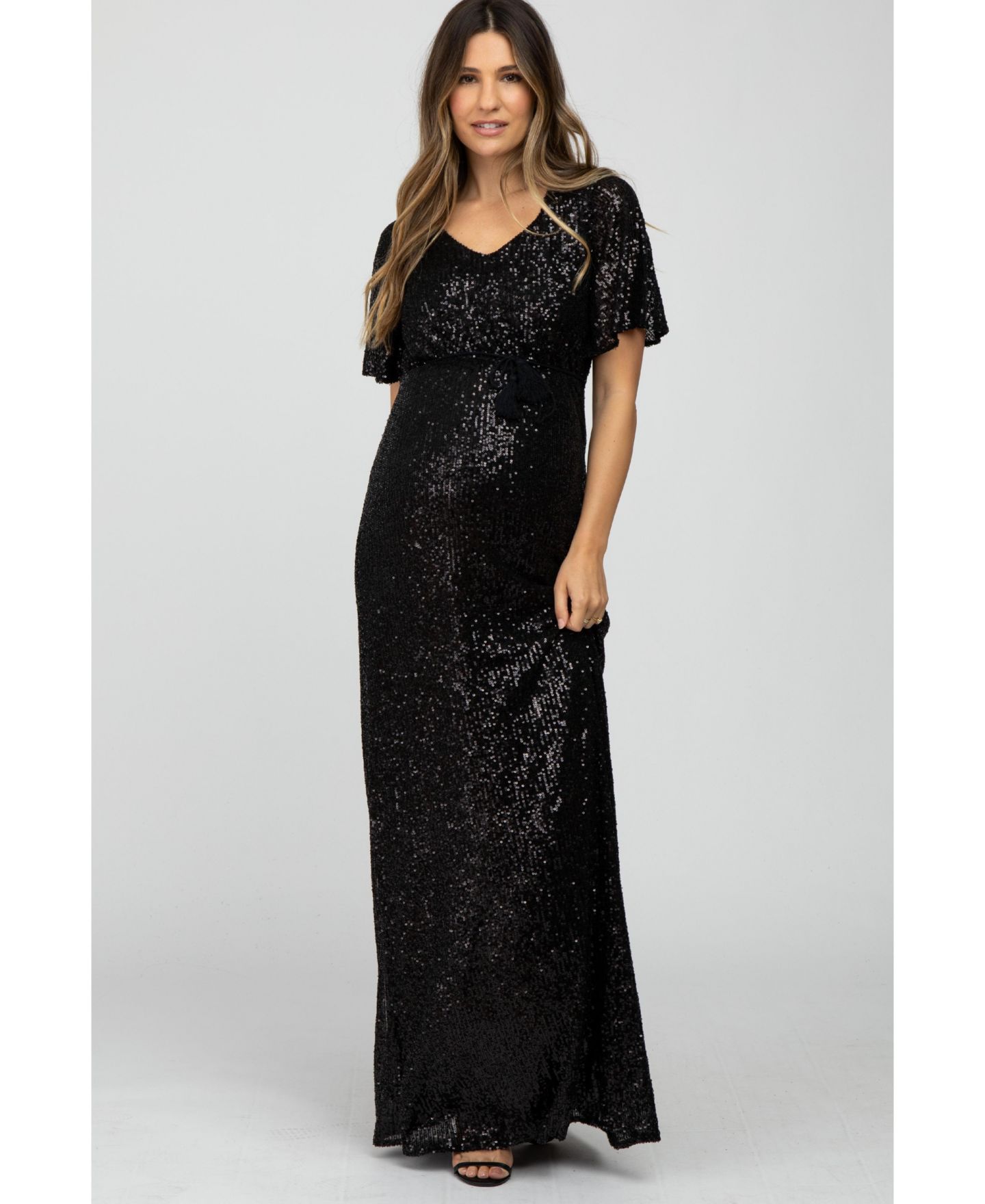 Женское платье Pinkblush Black Sequin Short Sleeve Maxi, цвет: Чёрный — фото 1