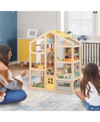 Wooden Dollhouse for Kids Modern Family Pretend Playhouse with Furniture Pieces and Figures
