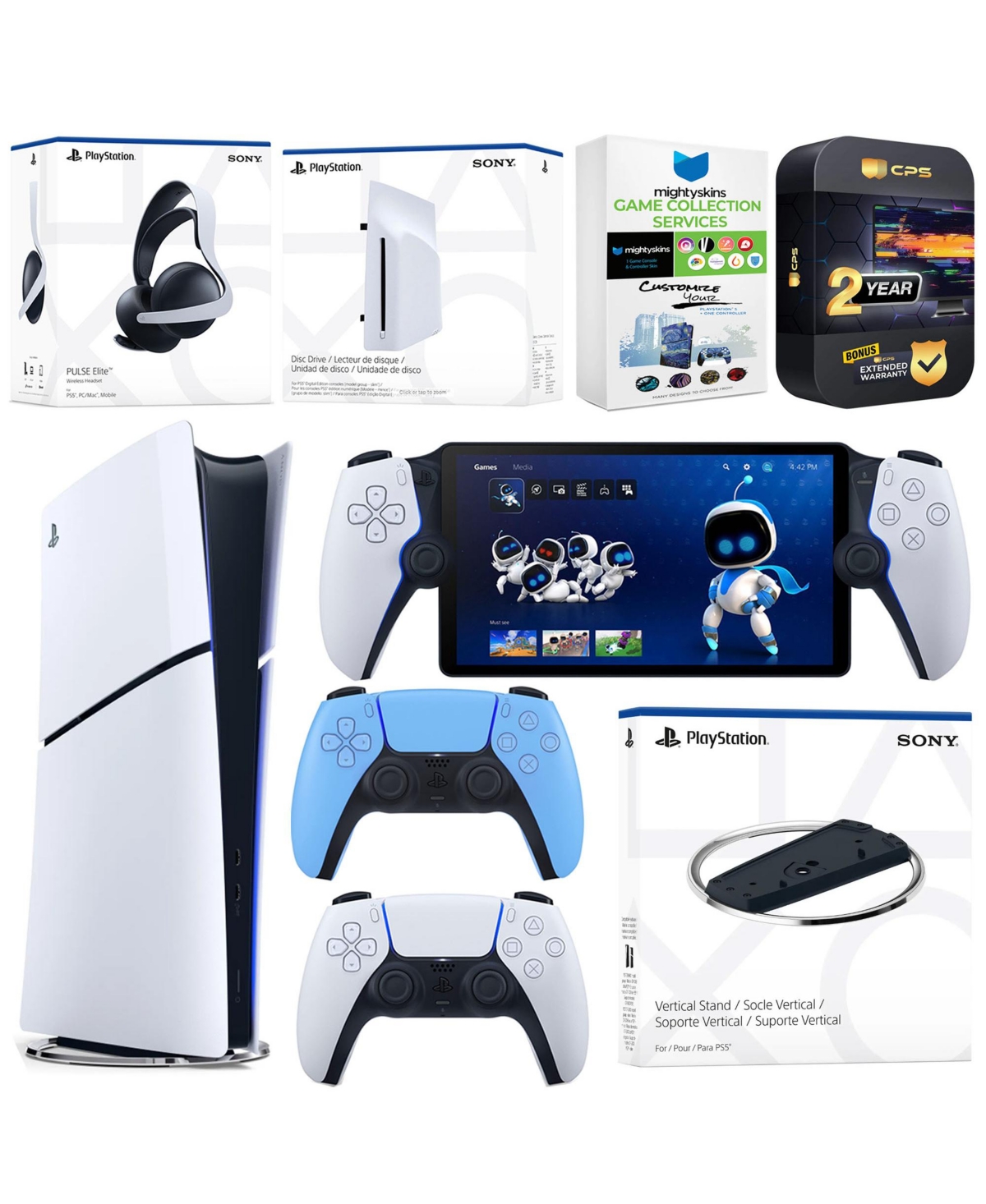 Sony PlayStation 5 Slim Digital Bundle with Disc Drive, Stand, Extra Controller, Pulse Elite Headset, PlayStation Portal, MightySkins Game Collection 