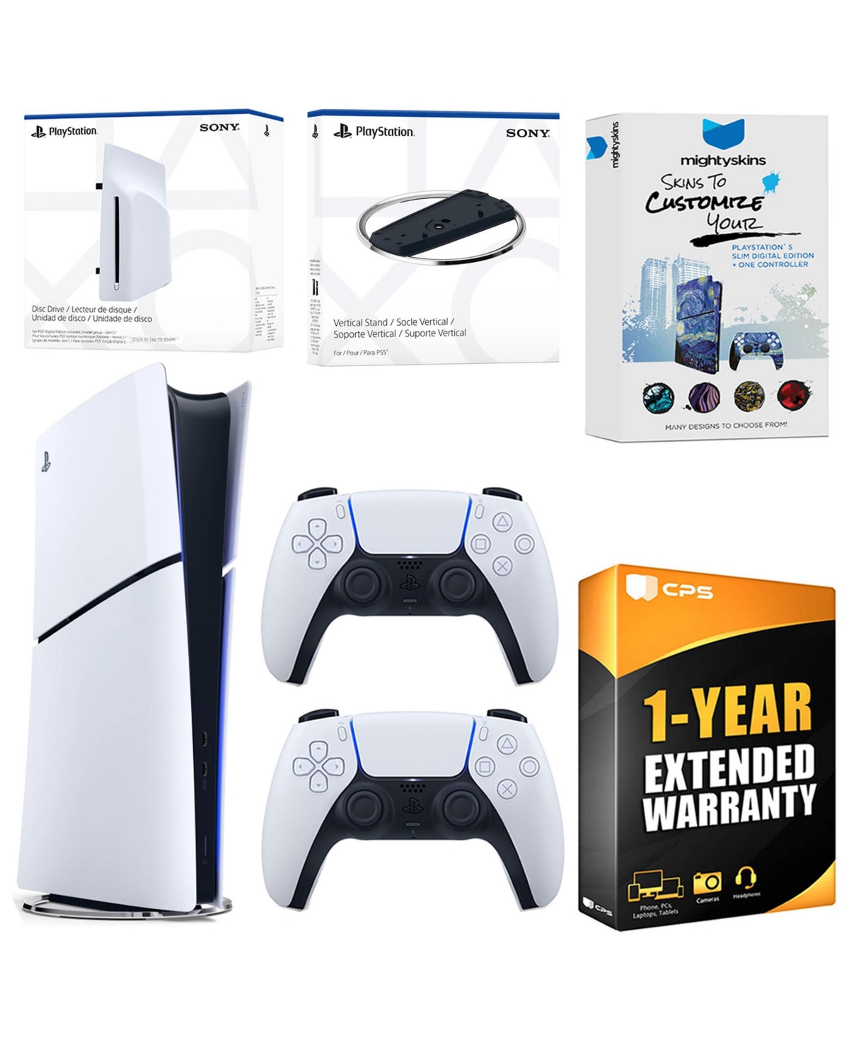 Sony PlayStation 5 Slim Digital Bundle with Disc Drive, Extra Controller, Vertical Stand, MightySkins Voucher and 1 Year Extended Warranty - White
