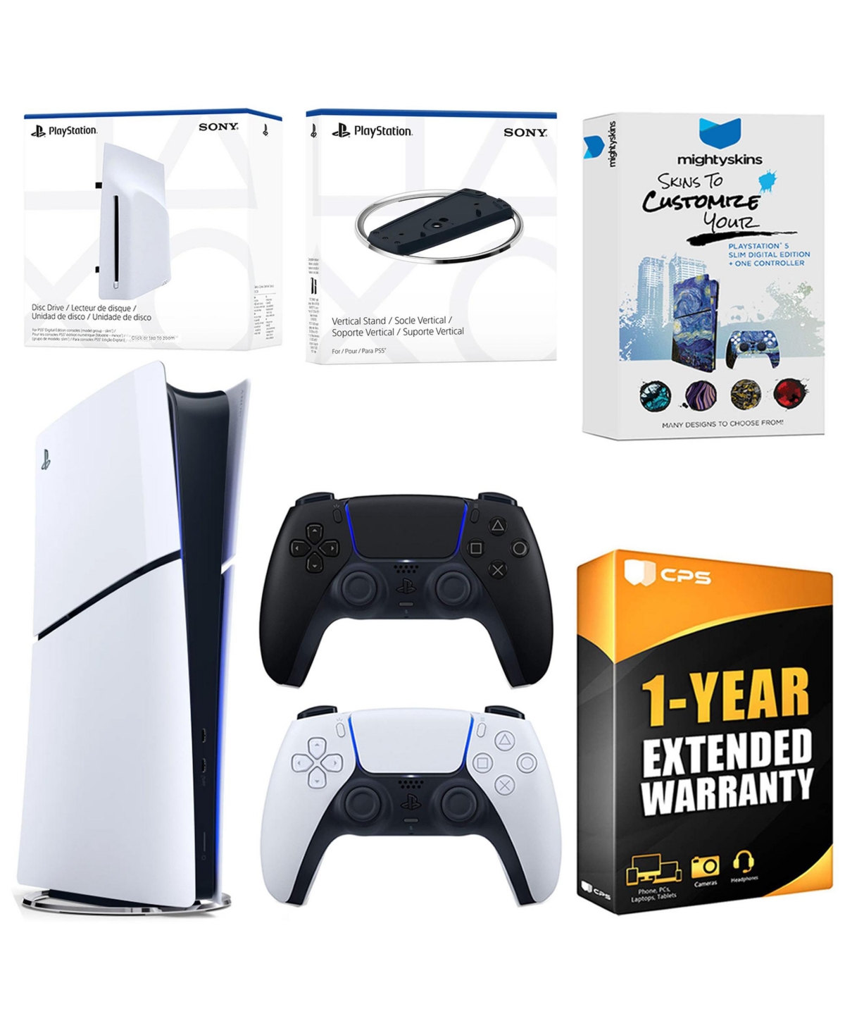 Sony PlayStation 5 Slim Digital Bundle with Disc Drive, Extra Controller, Vertical Stand, MightySkins Voucher and 1 Year Extended Warranty
