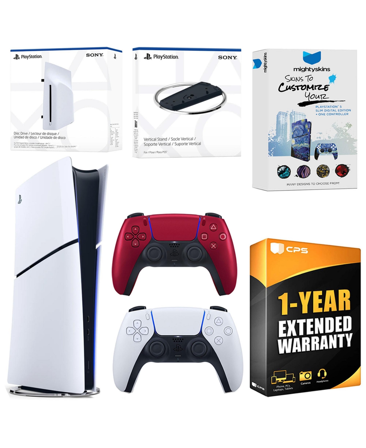 Sony PlayStation 5 Slim Digital Bundle with Disc Drive, Extra Controller, Vertical Stand, MightySkins Voucher and 1 Year Extended Warranty - Volcanic 