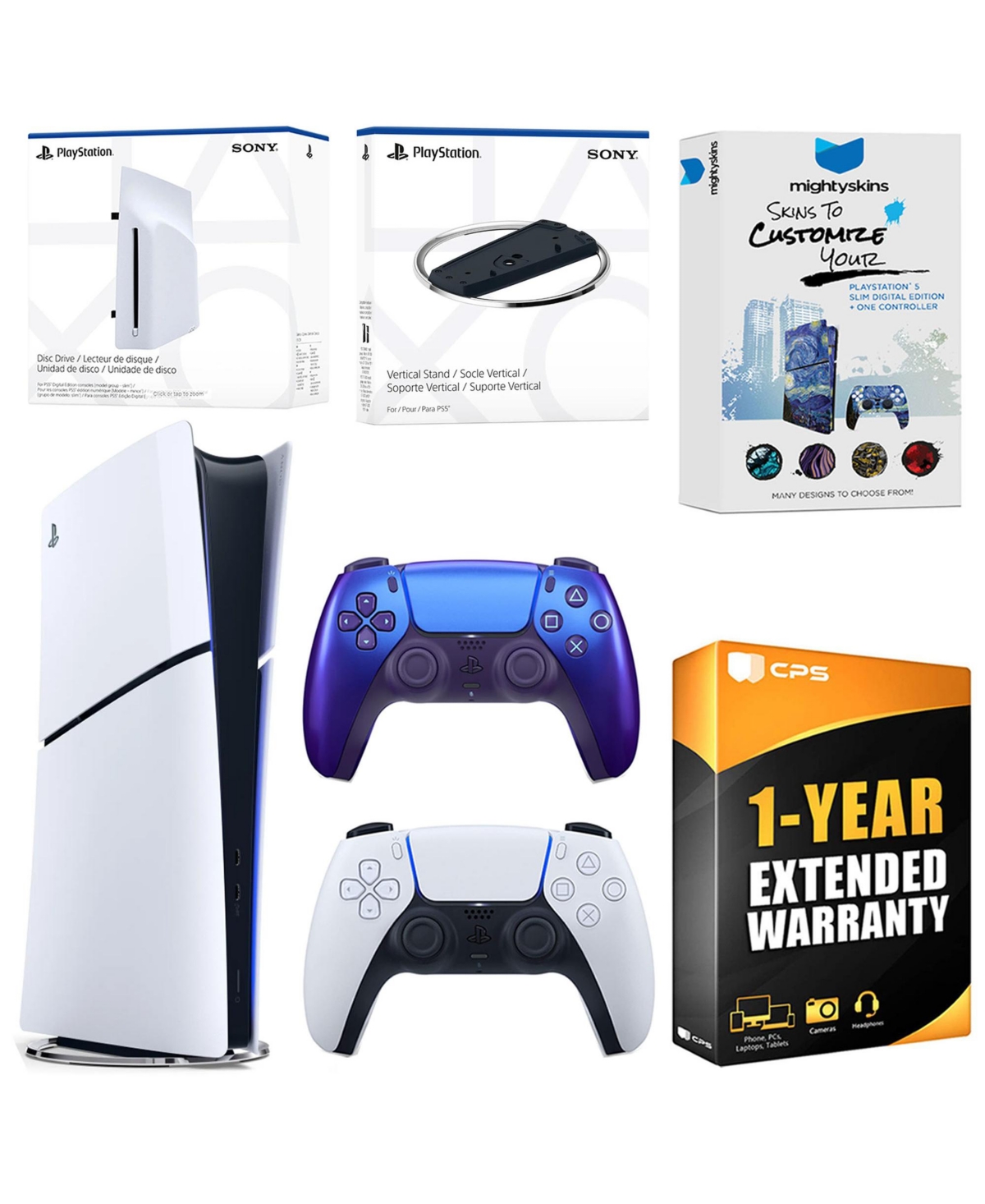 Sony PlayStation 5 Slim Digital Bundle with Disc Drive, Extra Controller, Vertical Stand, MightySkins Voucher and 1 Year Extended Warranty - Chroma in