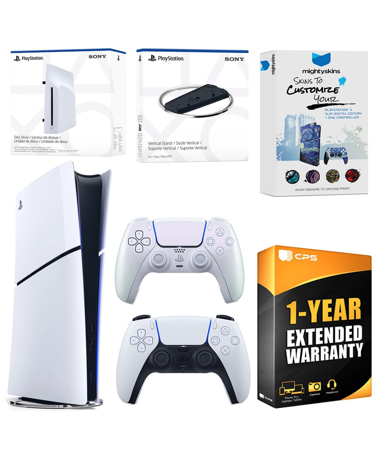 Sony PlayStation 5 Slim Digital Bundle with Disc Drive, Extra Controller, Vertical Stand, MightySkins Voucher and 1 Year Extended Warranty - Chroma pe