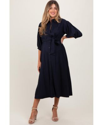 Maternity Navy 3/4 Bubble Sleeve Midi Shirt Dress
