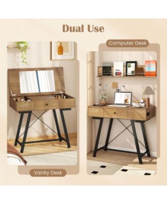 38" Flip-Top Makeup Dressing Table with Metal Frame  Charging Station & Storage Vanity Desk with Mirror,