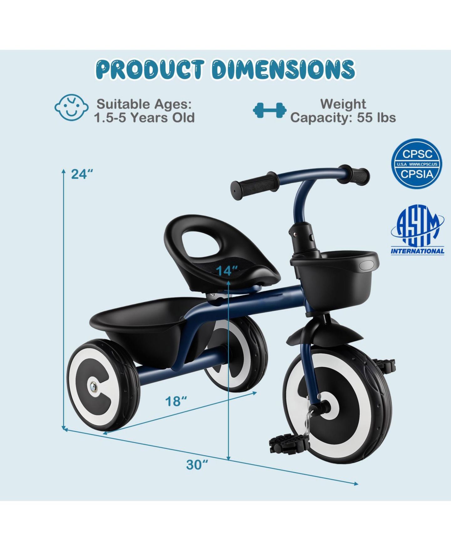 Детская игрушка Mecale Toddler Tricycle with Adjustable Seat and Storage Baskets, Ages 1.5–5, цвет: Тёмно-синий — фото 2