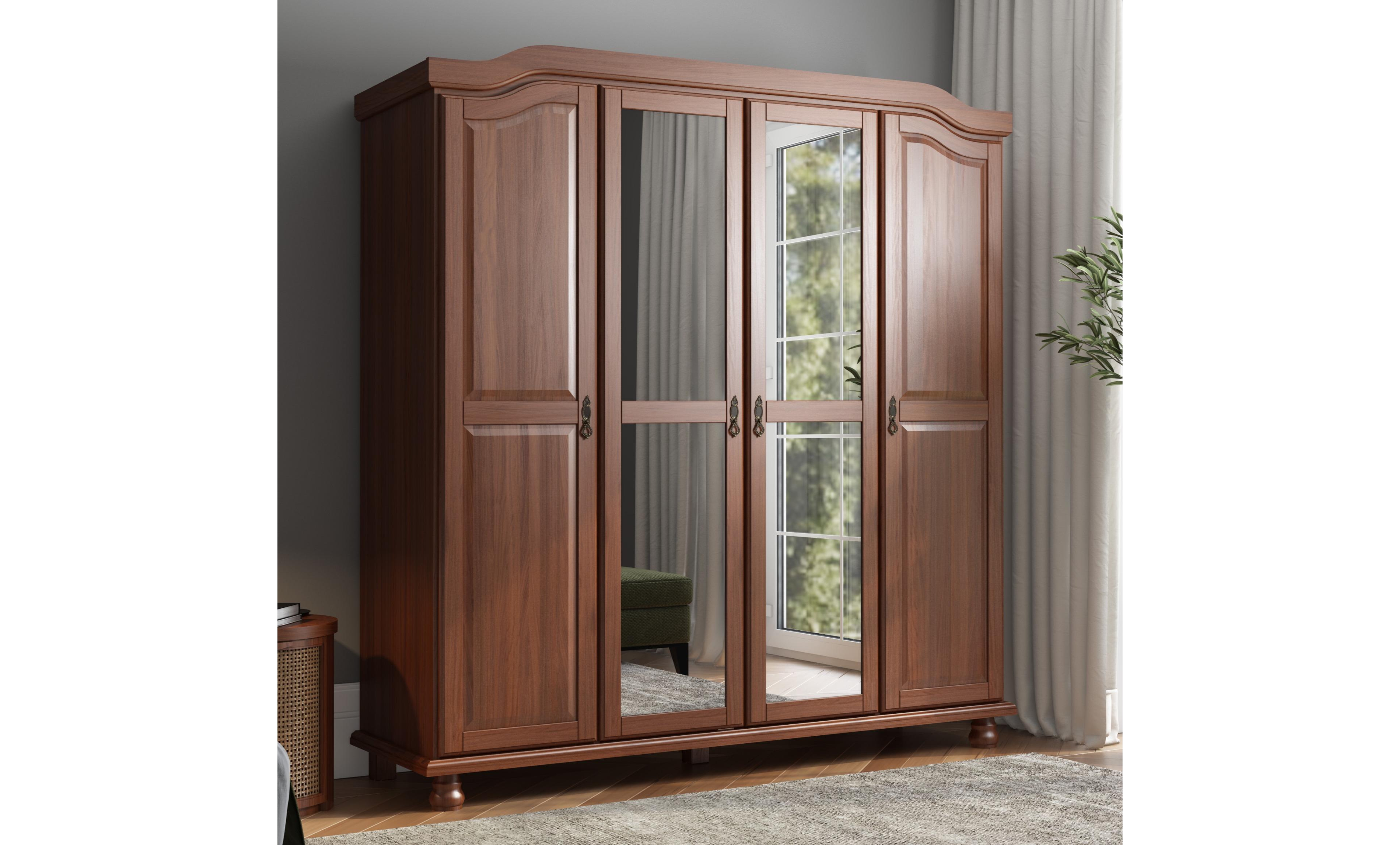 Palace Imports 100% Solid Wood Kyle 4-Door Wardrobe with Mirrored Doors
