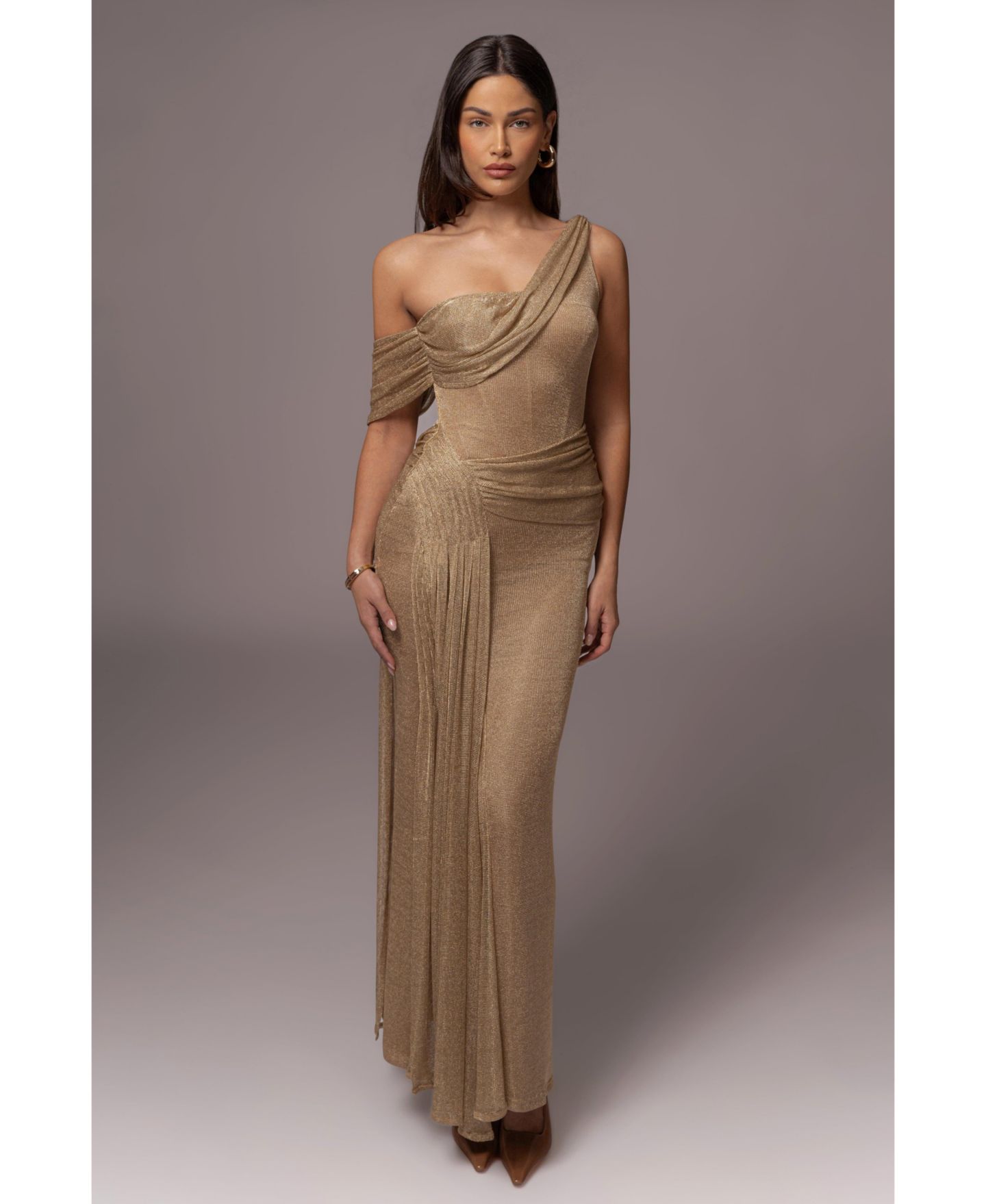 Женское платье JLUXLABEL Draped Metallic Maxi, цвет: Золотой — фото 1