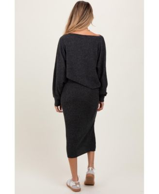 Maternity Heather Grey Ribbed Knit Asymmetric Top Midi Skirt Set