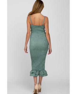 Women's Green Gingham Print Smocked Fitted Self-Tie Maternity Midi Dress