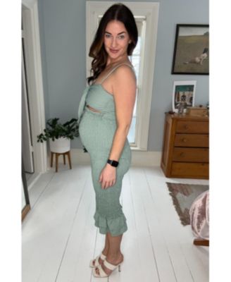 Women's Green Gingham Print Smocked Fitted Self-Tie Maternity Midi Dress