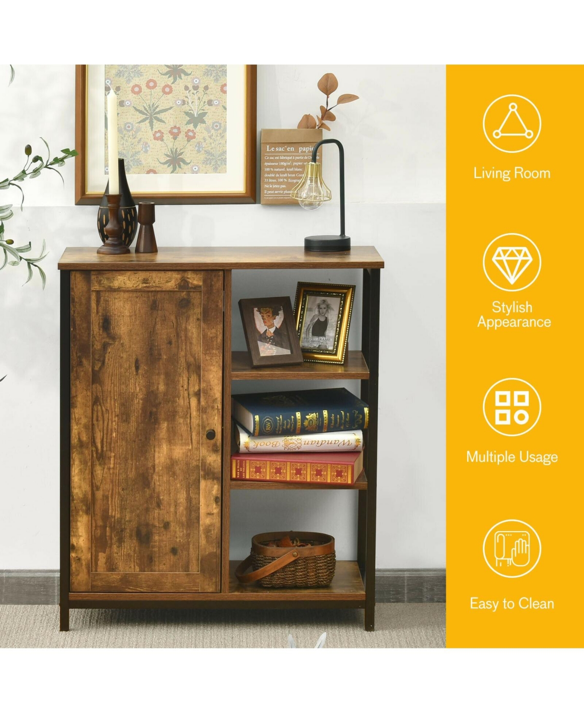 Volenca Multipurpose Freestanding Storage Cabinet with 3 Open Shelves and Doors