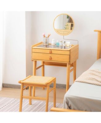 Bamboo Makeup Vanity Table with Stool and Rotating Mirror