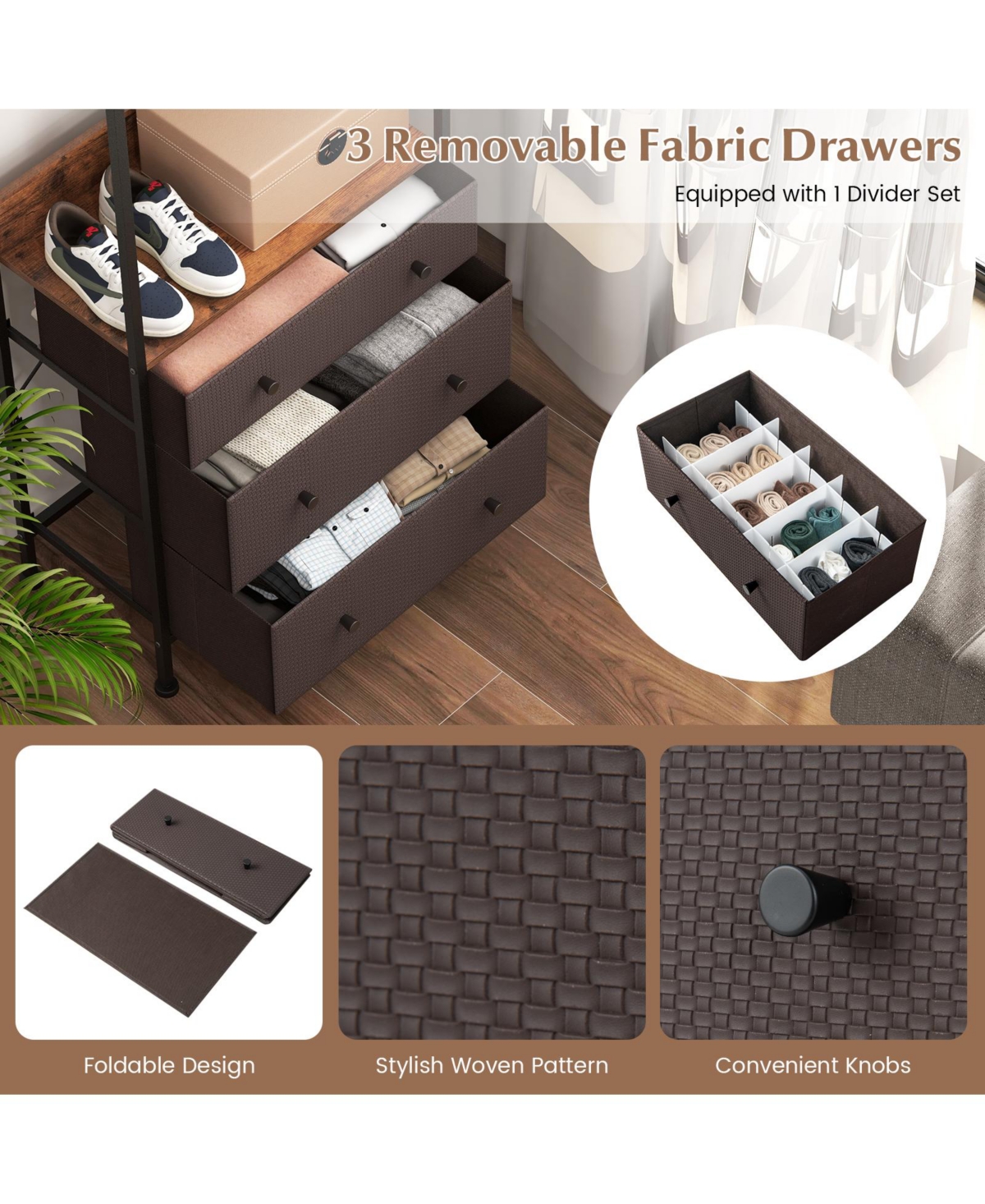 Volenca Freestanding Closet Organizer with 3-position Hanging Rod and Storage Shelves