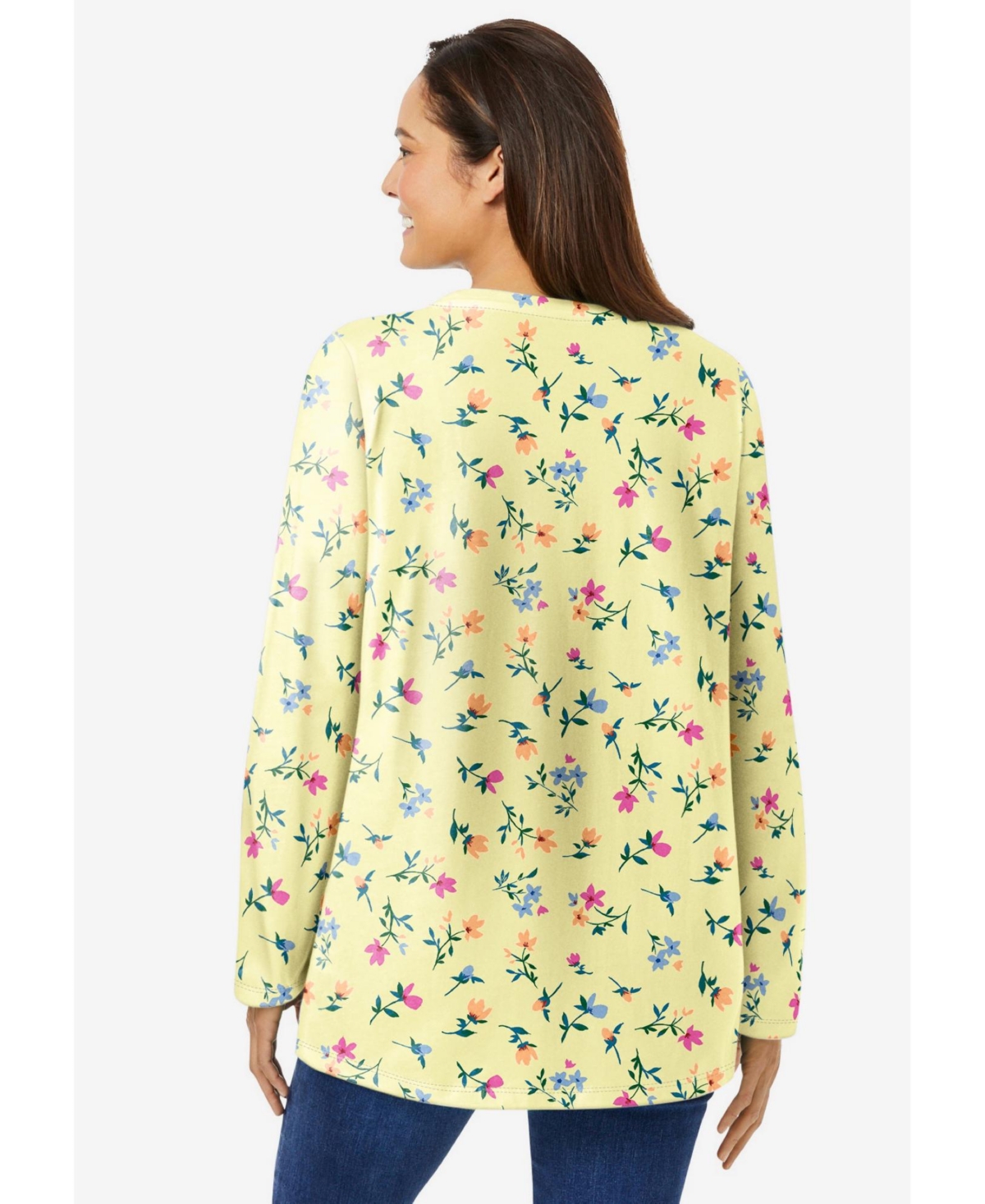 Woman Within Plus Perfect Printed Long-Sleeve Crewneck Tee